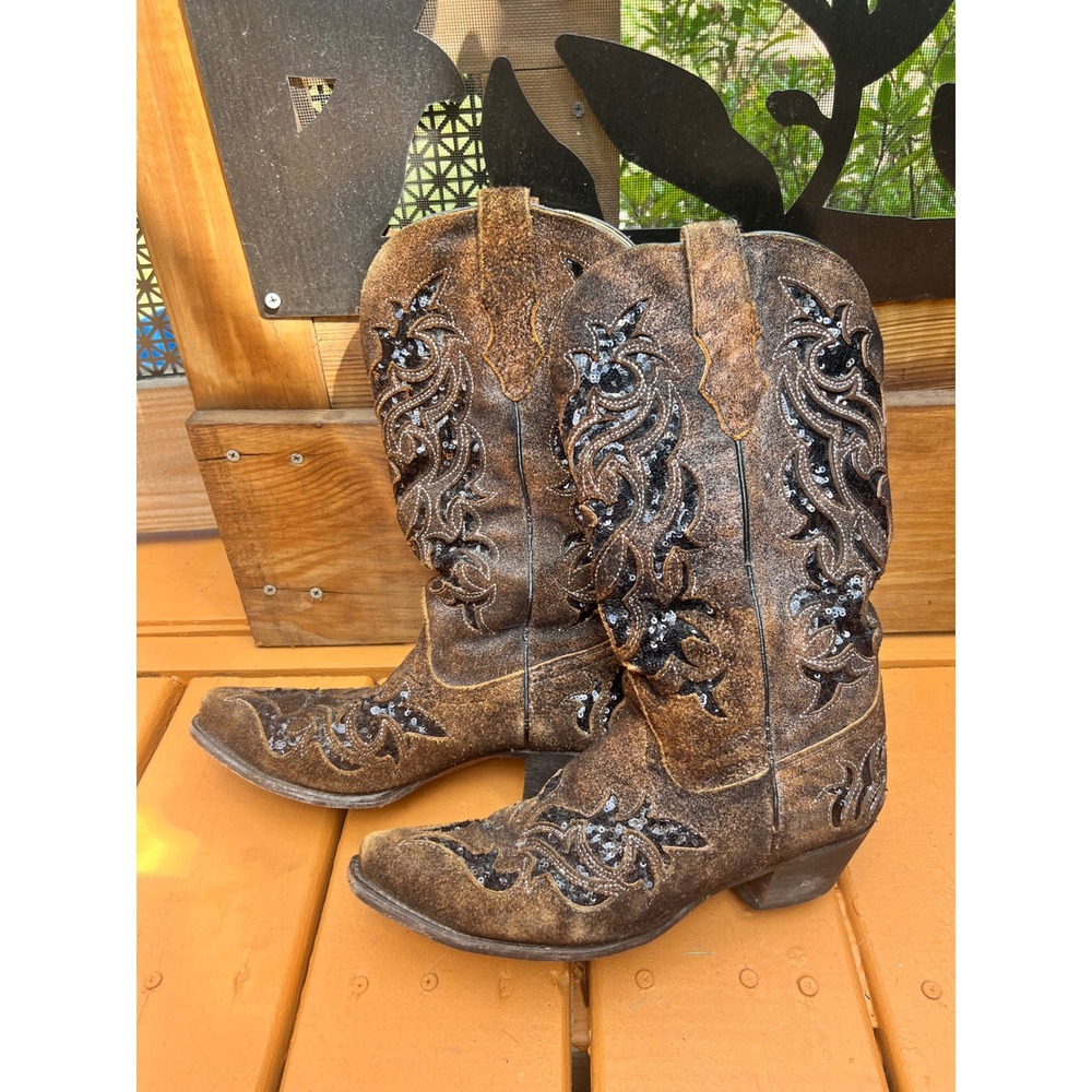 Corral Brown Distressed Leather Black Sequin Inlay Western Boots R1152 8.5M - Picture 2 of 13